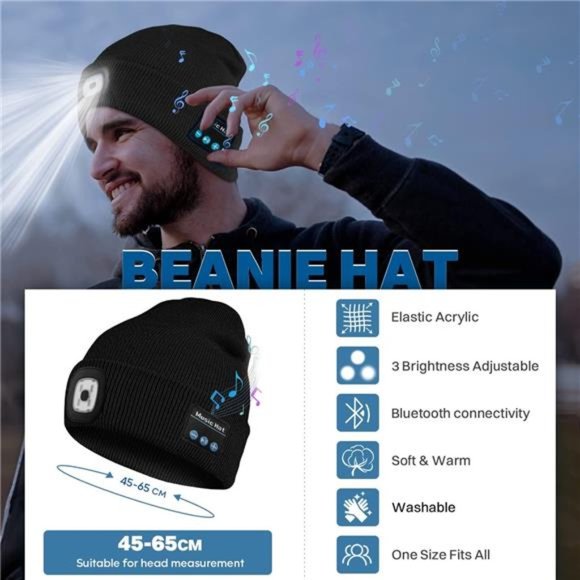 Bluetooth Beanie Hat with Light,Headlamp Cap with Headphones & Built-in Speaker - Picture 3 of 6